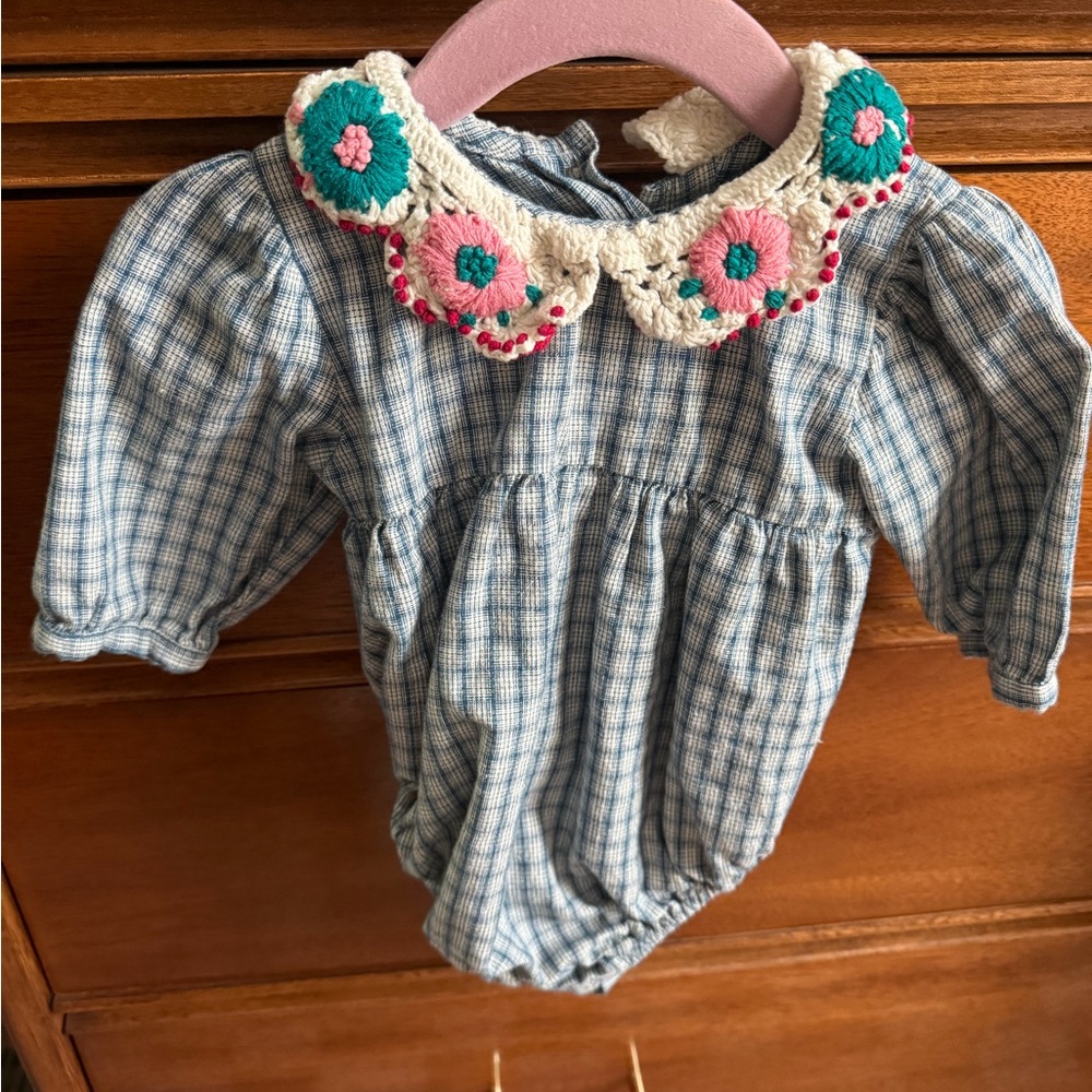 Plaid Blue Baby One-Piece with Crochet Floral Collar